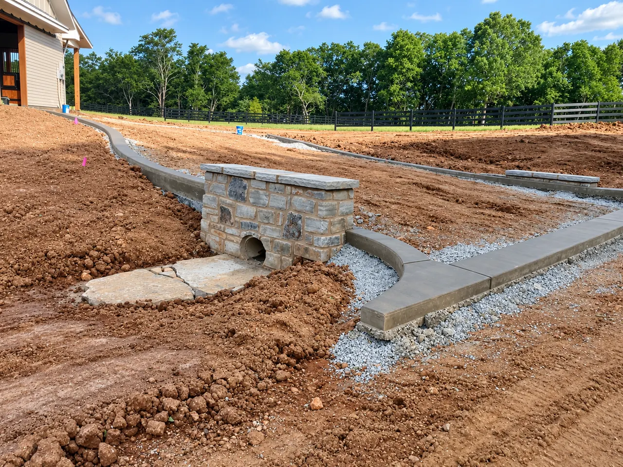 Stone entry wall, drainage and prepared sub-base during exterior site work at a custom home.