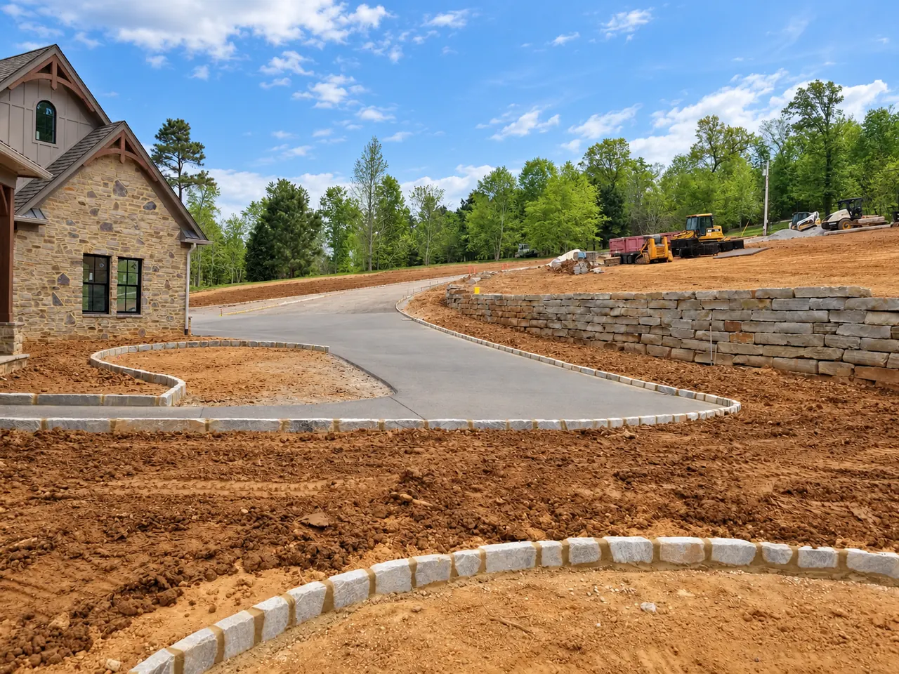 Curved driveway and stone retaining wall at a Guntersville lake house following grading and site preparation.