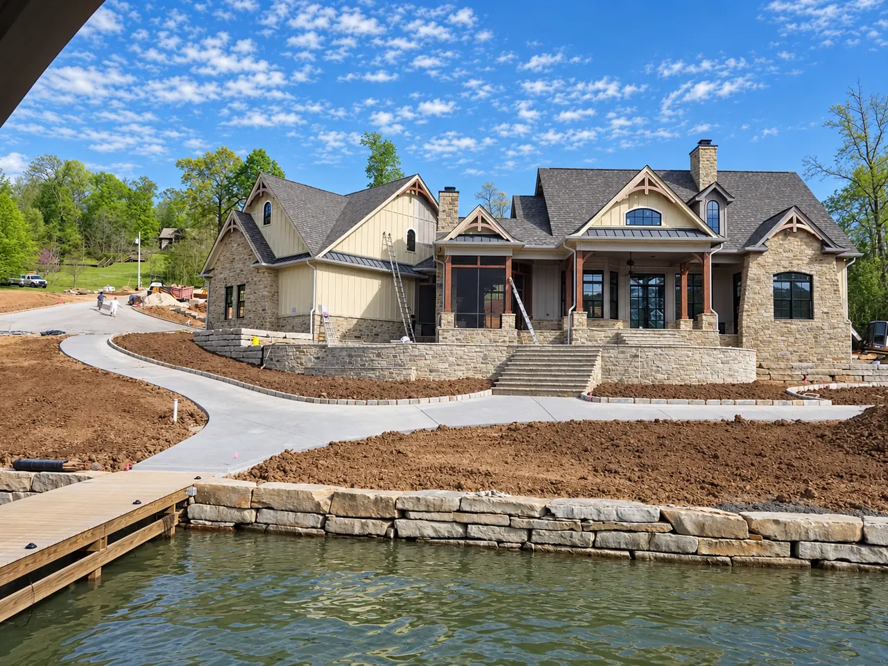 Lakefront home after site grading, stone retaining and seawall work, with curved concrete walkways and newly prepared landscape areas.