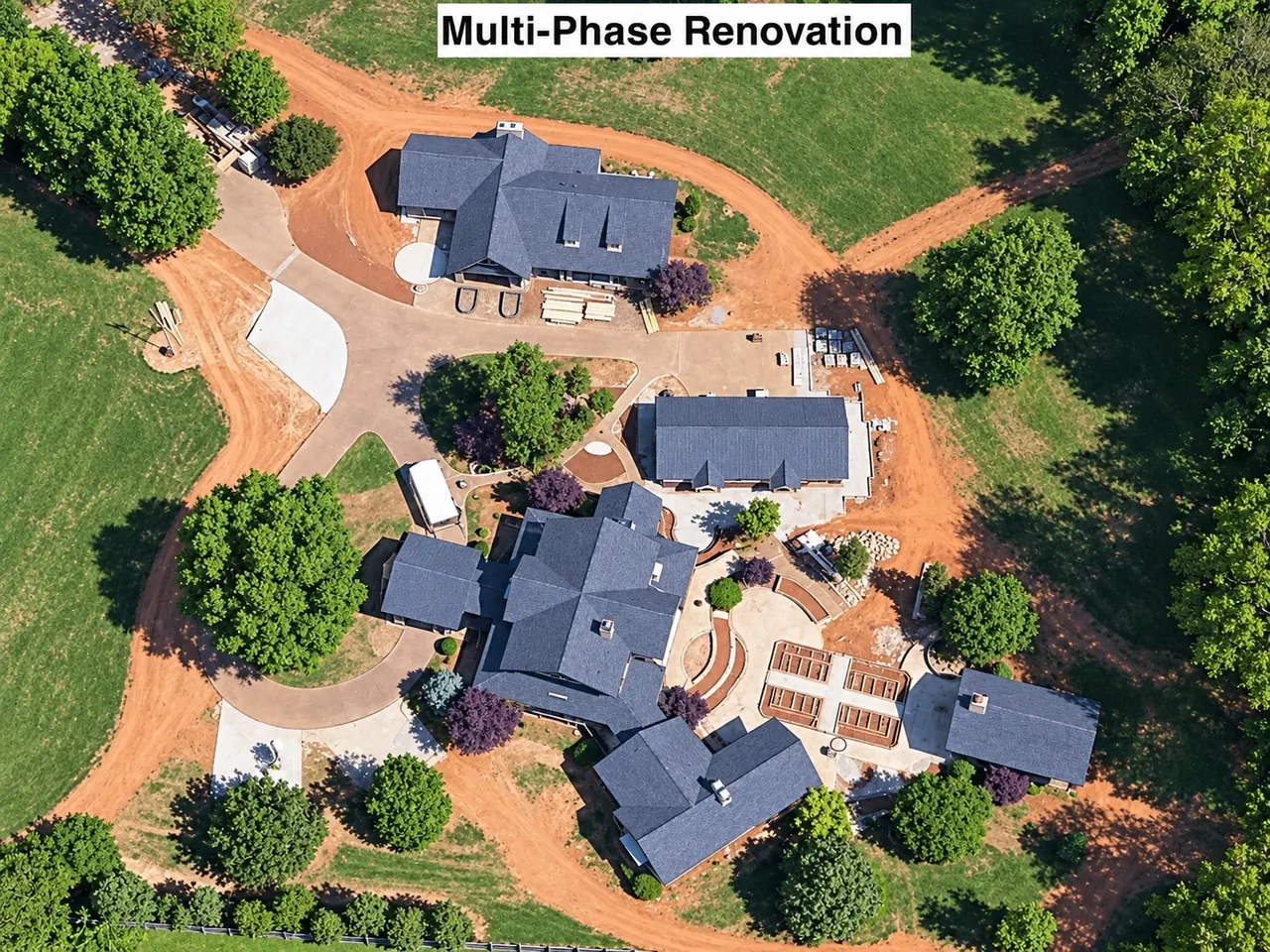 Aerial view of a ranch property showing coordinated multi-phase grading and site work around the residence and outbuildings.