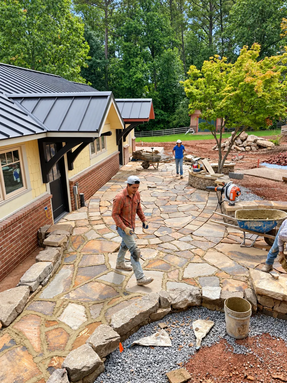 Natural stone walkway installation in progress over the prepared concrete base.
